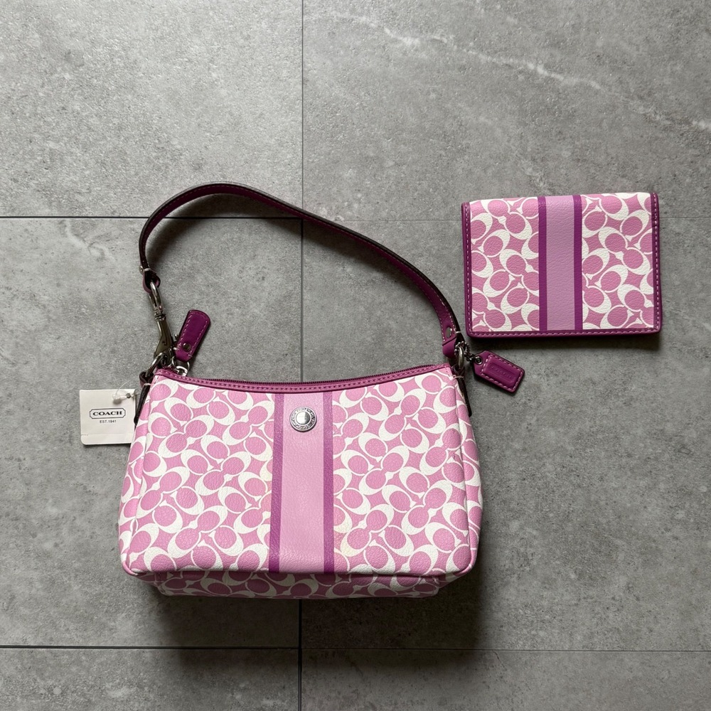 Y2K NWT Pink Coach Signature Stripe Top Handle Pouch Bag & Wallet Set F43896